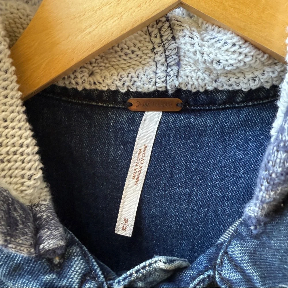 Free People Dark Denim Jean Jacket with Heathered Gray Knit Sleeves